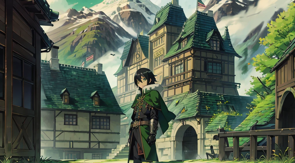 yuichiro hyakuya, (WithoutFear:1), demon king, evil face, 1 boy, black hair, green eyes, brown coat, gray armor, green shield, green cloak, dark brown gloves, castle, white fur trim, tall, anime, standing, good quality, portrait, looking at viewer
