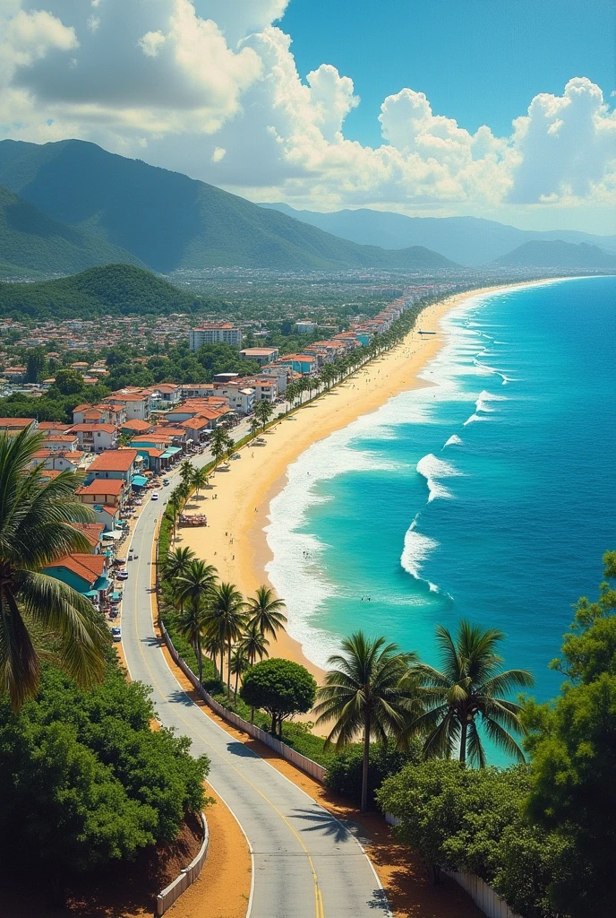 Painting of the beach in the northeast of Brazil, paved road and buildings by the sea, panoramic view 

