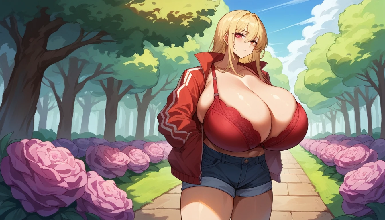 Blonde Young Woman ,gigantic big breasts L, gigantic wide breasts,large long neckline, gigantic wide breasts passen nicht mehr durch normale Tür, wears a perfectly fitting red bra that barely covers her breasts, and wears a red closed zip jacket that no one can see her cleavage, stands in the park, colorful flowers, Trees