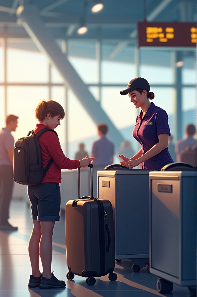 Inside airport 1 lady is loʻading luggage bag and doing weight . Boy is heading towards buggage weìght and lady in airline outfit of thai airways smiling and welcoming boy. Lasy is front of boy. Pov behind the ɓoy.