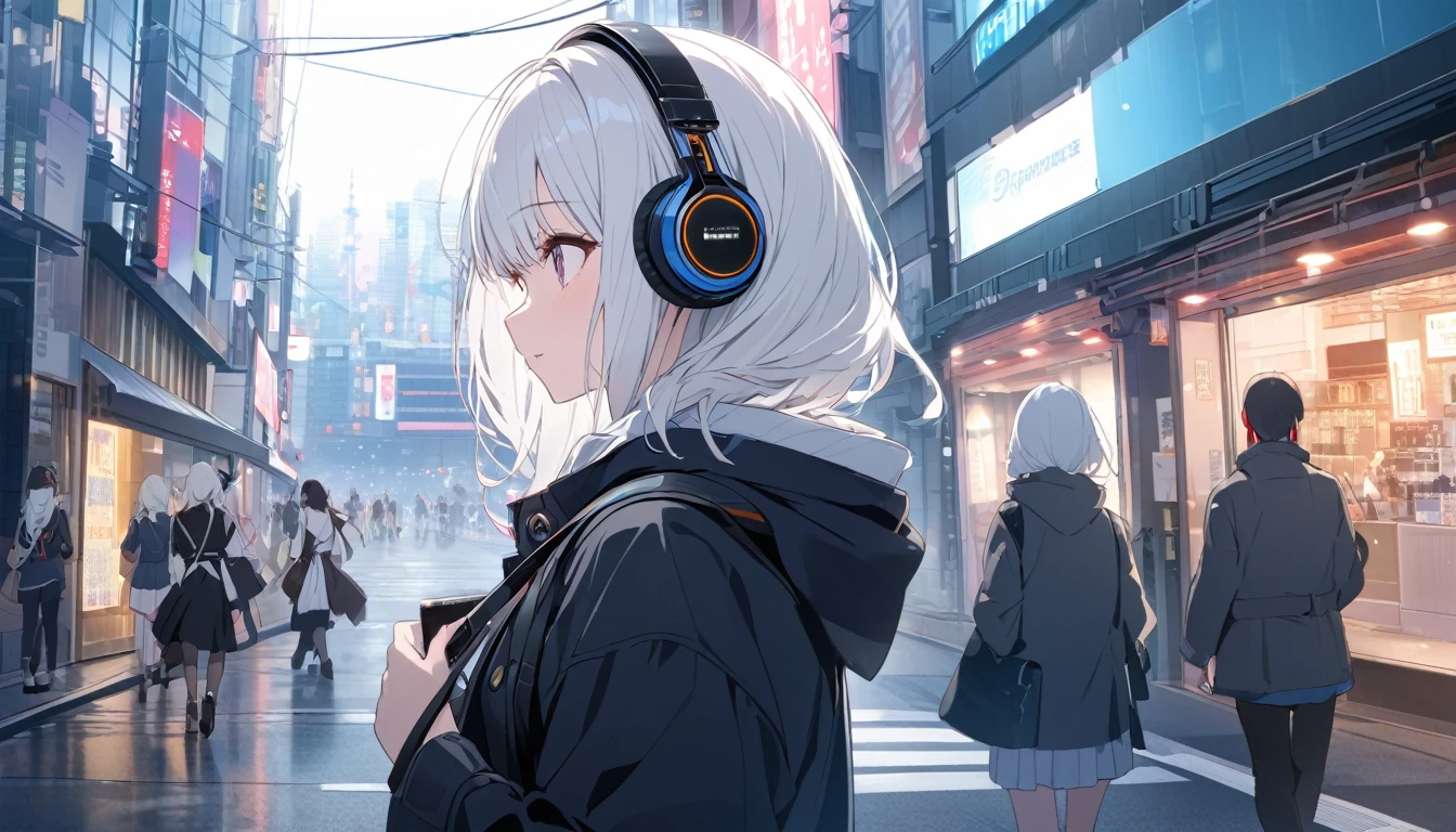 White-haired woman with headphones looking at the city of Tokyo,Streetscape、listen to music、Japanese