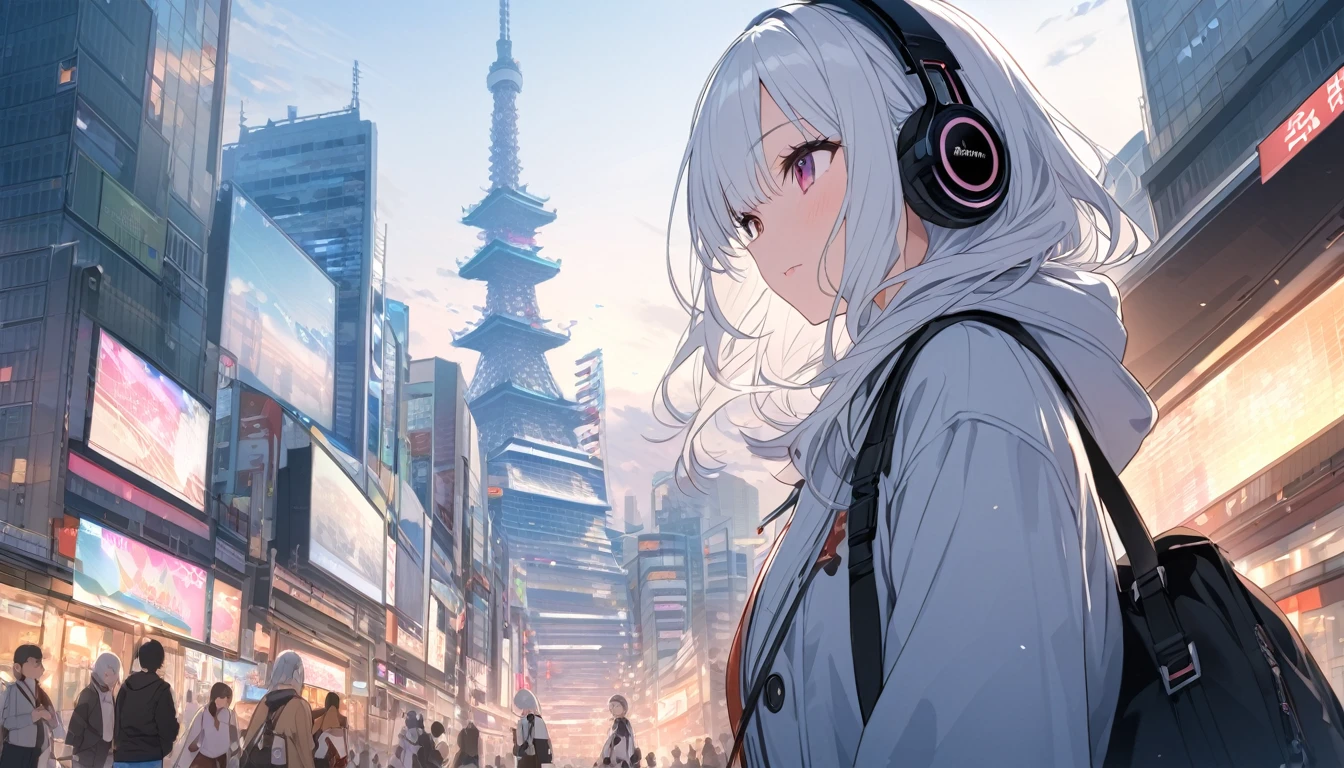 White-haired woman with headphones looking at the city of Tokyo,Streetscape、listen to music、Japanese