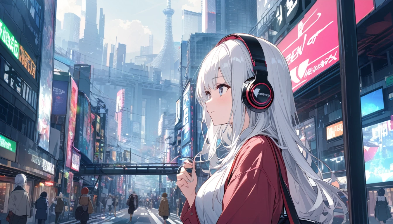 White-haired woman with headphones looking at the city of Tokyo,Streetscape、listen to music、Japanese