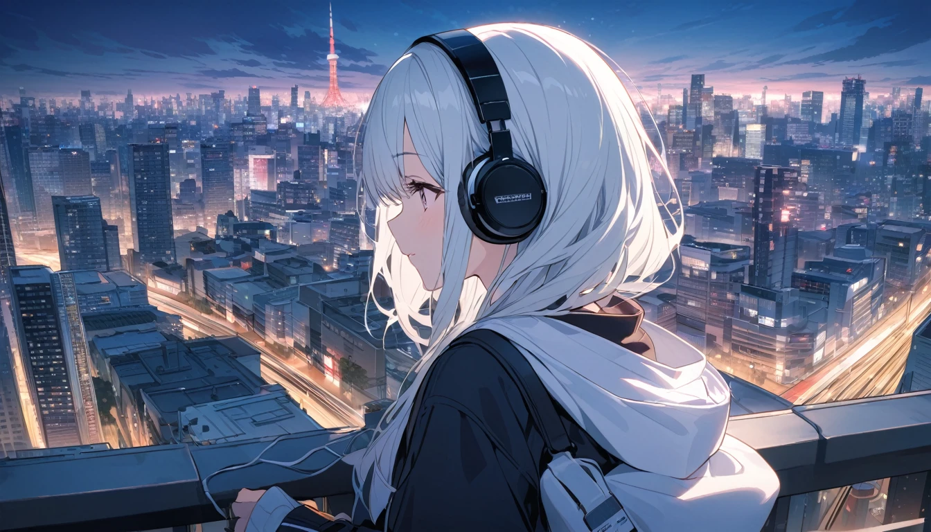 White-haired woman with headphones looking at the city of Tokyo,Streetscape、listen to music、Japanese