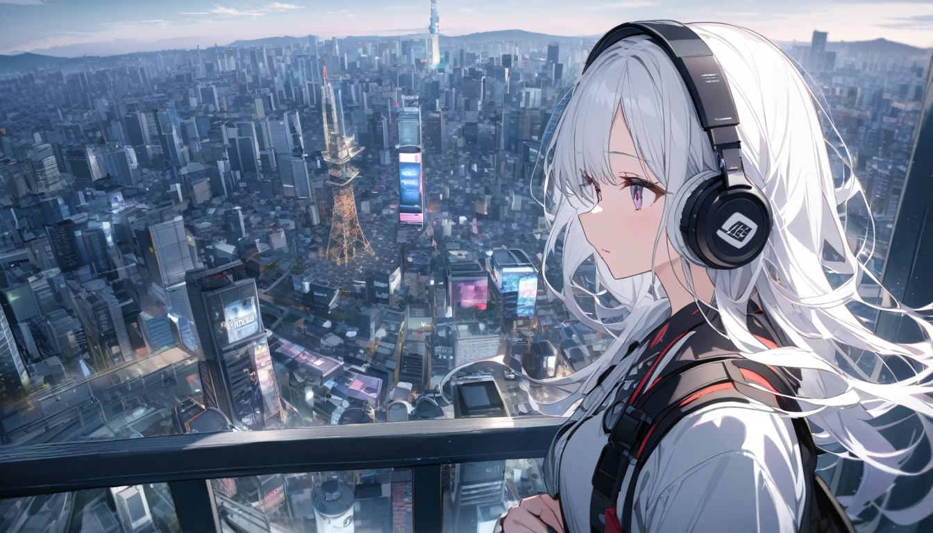 White-haired woman with headphones looking at the city of Tokyo,Streetscape、listen to music、Japanese