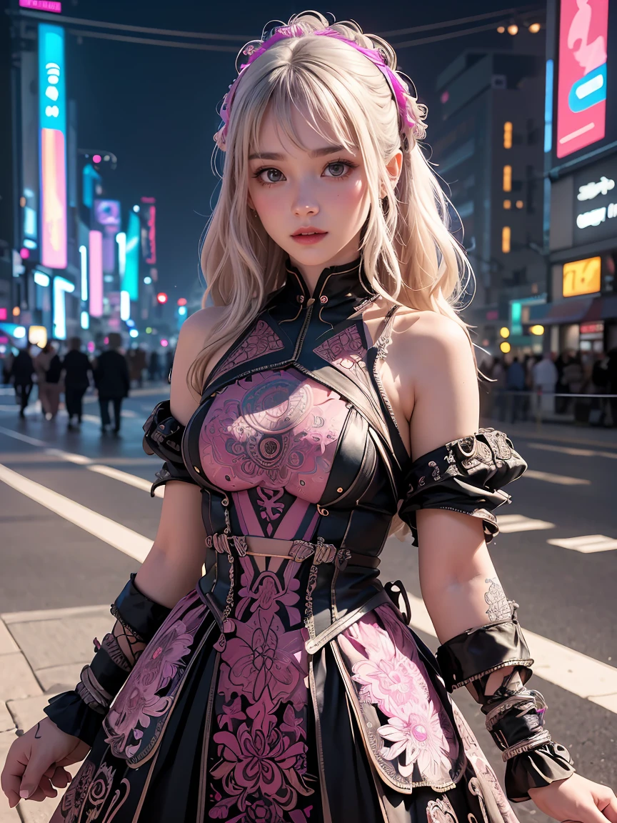offcial art, Unity 8k wallpaper, Ultra detailed, Beautiful and aesthetic, Beautiful, Masterpiece, Best quality, (zentangle, mandalas, Tangled, entangle), 8K, Skin texture:1.4, tmasterpiece:1.4,Pose behind beauty,(Cyberpunk style costume in random colors),