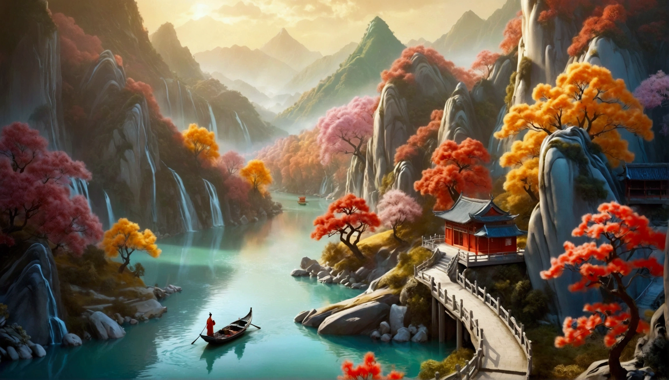 (3D Art，3D Style), Colorful mountains and rivers，蜿蜒的river，Small boat，There is a path on the mountain，There is a small house，(Aesthetics and aesthetics:1.2)，Solid color background，miniature photography，Chinese ancient architectural landscape，Chinese landscape painting，Creamy organic fluid，theme，(C4D，OC Rendering)，Natural light，jungle，river，Fall，Small pavilion on the mountain