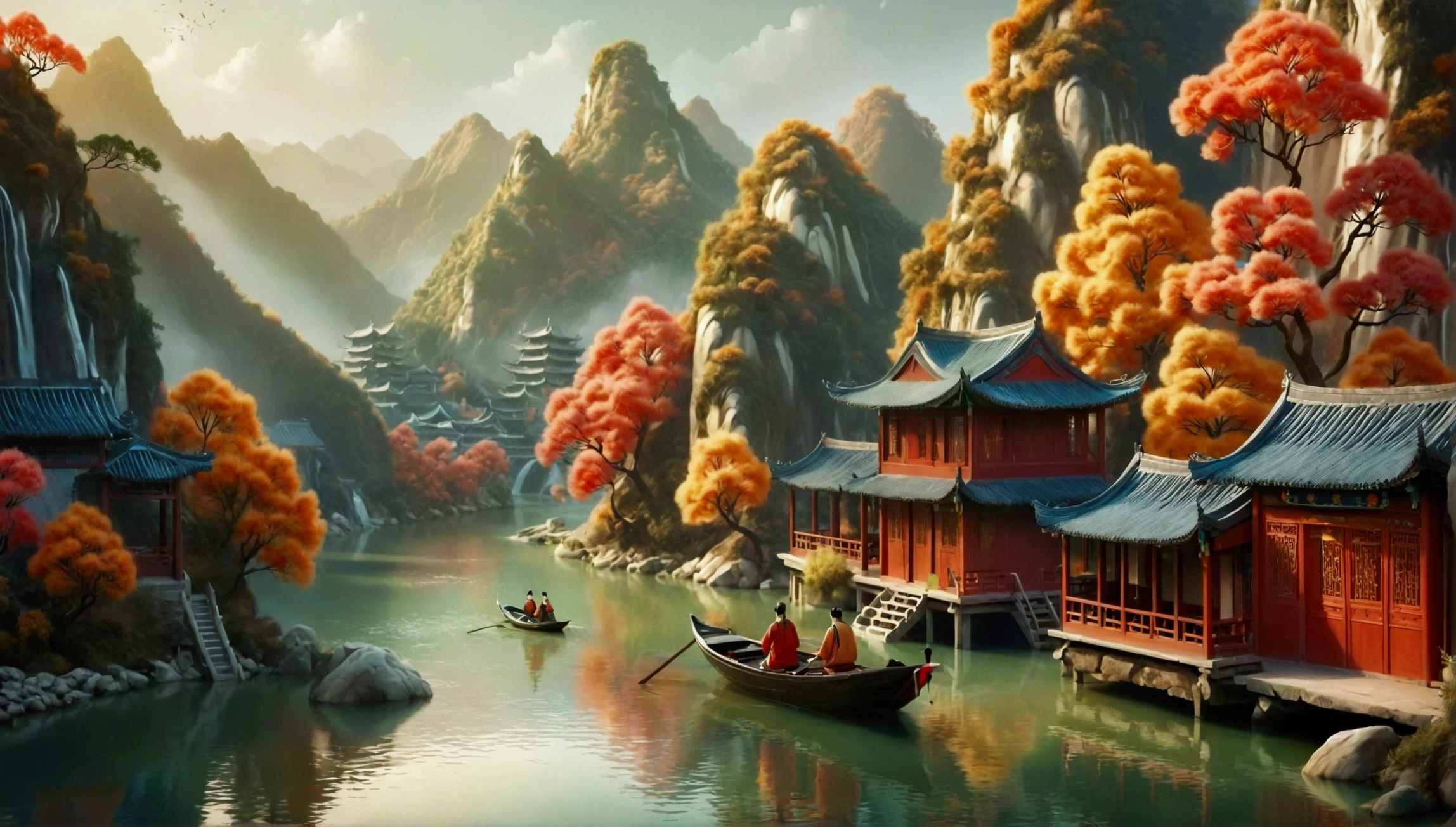 (3D Art,3D Style), Colorful mountains and rivers,蜿蜒的river,Small boat,There is a path on the mountain,There is a small house,(Aesthetics and aesthetics:1.2),Solid color background,miniature photography,Chinese ancient architectural landscape,Chinese landscape painting,Creamy organic fluid,theme,(C4D,OC Rendering),Natural light,jungle,river,Fall,Small pavilion on the mountain