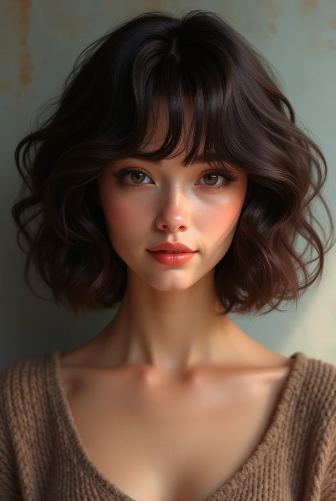 Short to medium wavy hair,very dark brown and very full,with layered cut,without bangs.
