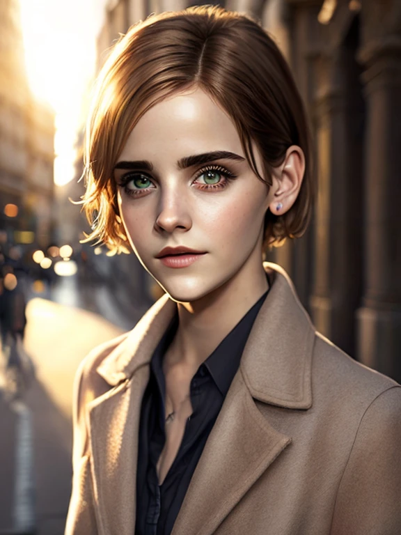 (work of art, best qualityer:1.3),face of Emma Watson beautiful woman with short hair, urban landscape, morning, quiet and peaceful with soft morning light, play of sunbeams and shadows, fancy, intrikate, chic, trends on ArtStation, conceptual artwork, softfocus, cinematic lighting, extremely detaild, insanely detaileda, rich colors, cinematic, beautiful detailed eyes and perfect face, Depth of field, bokeh, 16k best qualityer