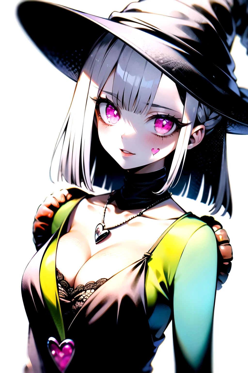 (best quality), ultra res, highly detailed, turned at viewer, anime style, (face shoot), medium length hair, white hair with lilac at the ends, black bikini, (looking at viewer), pink heart necklace, straight hair, black clothes, witch style, a pink heart tattoo on right cheek, lace dress, black lace.