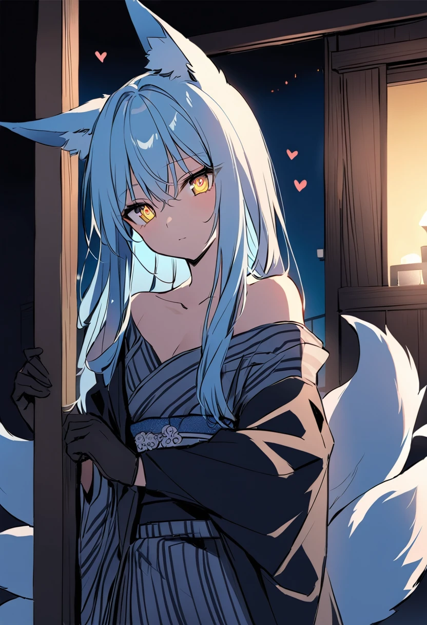 Long Hair, Light Blue Hair, Yellow Eyes, Heart pupils, bare shoulder, Fox Ears, 9 Tails, Big , Wearing Yukata, Nighttime, Wearing Black Gloves, Inside a house