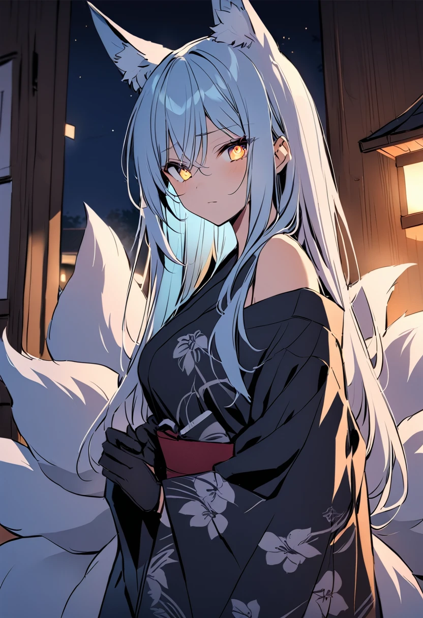 Long Hair, Light Blue Hair, Yellow Eyes, Heart pupils, bare shoulder, Fox Ears, 9 Tails, Big , Wearing Yukata, Nighttime, Wearing Black Gloves, Inside a house