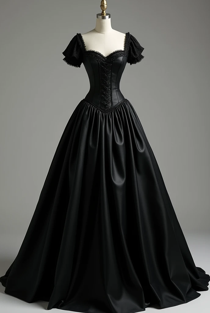 Black dress with corset with volume in the long skirt and with simple sleeves