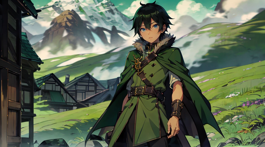 yuichiro hyakuya, (WithoutFear:1), demon king, evil face, 1 boy, black hair, green eyes, brown coat, gray armor, green shield, green cloak, dark brown gloves, castle, white fur trim, tall, anime, standing, good quality, portrait, looking at viewer