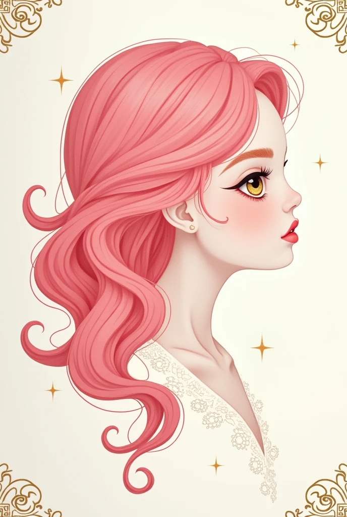 (White background:1.4),(Girl&#39;s head silhouette, detailed gold eyes, Long pink hair, Oriental elements)，(Chinese illustration:1.3，Paper Art:1.3, キルティングPaper Art:1.2),( Streamlined Design, Clear lines, High sharpness,Better Quality, Very detailed, Master Parts, Film Light Effect, 4K ) Illustration design, porcelain doll skin, beautiful detailed eyes, beautiful detailed lips, extremely detailed gold eyes and face, long eyelashes, upper body, from side, looking at viewer, (fractal art:1.3), (pink hair:1.2), water, liquid, cloud, colorful, starry, stars, (best quality, 4k, 8k, highres, masterpiece:1.2), ultra-detailed, (realistic, photorealistic, photo-realistic:1.37), vibrant colors, studio lighting, extremely detailed description, professional, concept art, surreal, 1920s french vibe, monochromatic gold and pink palette, in the style of french illustrator moebius, gold elements, ornate gold border, 