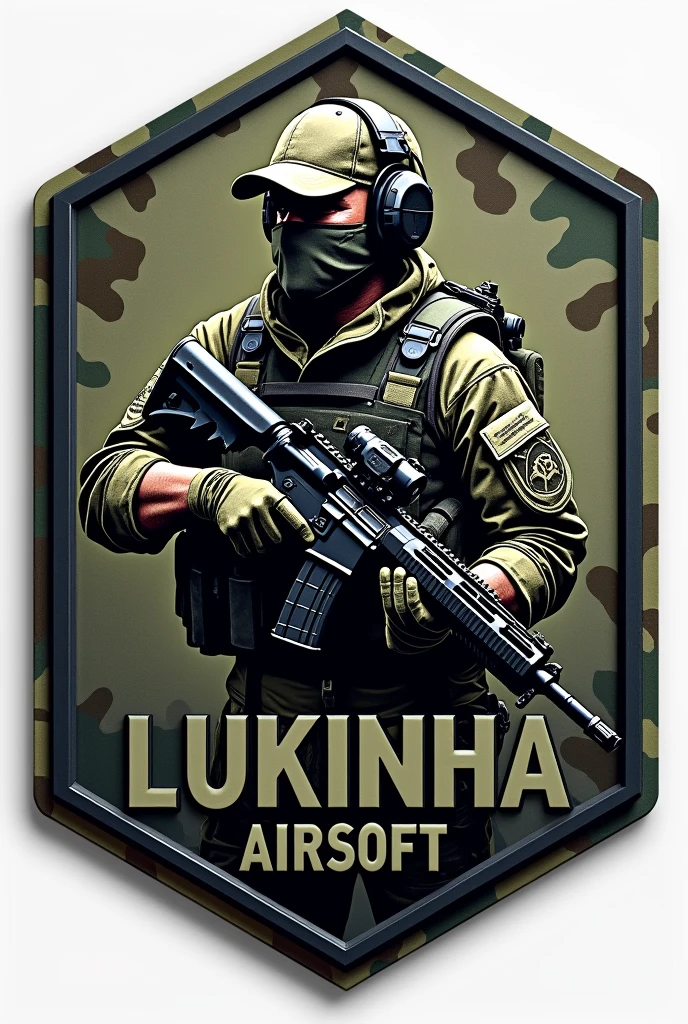 Create Hexagonal Rubberized Patch Cliché, camouflage coat of arms background, military coat of arms with the name Lukinha Airsoft, operator carrying an m4 rifle wearing a cap and headphones