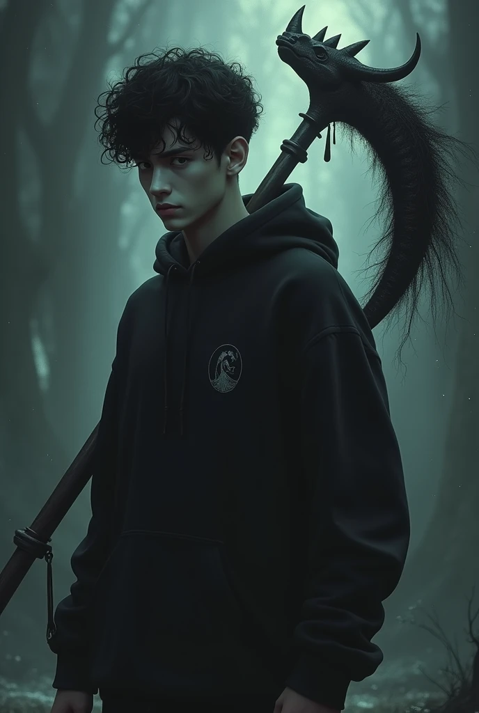 An 18 year old Brazilian man with short curly black hair, with very black eyes and his skin is white, wearing a black sweatshirt with a cap and a waning moon symbol on his right chest, with a large scythe where the blade part is the head of a rhinoceros and a black spectrum at its side