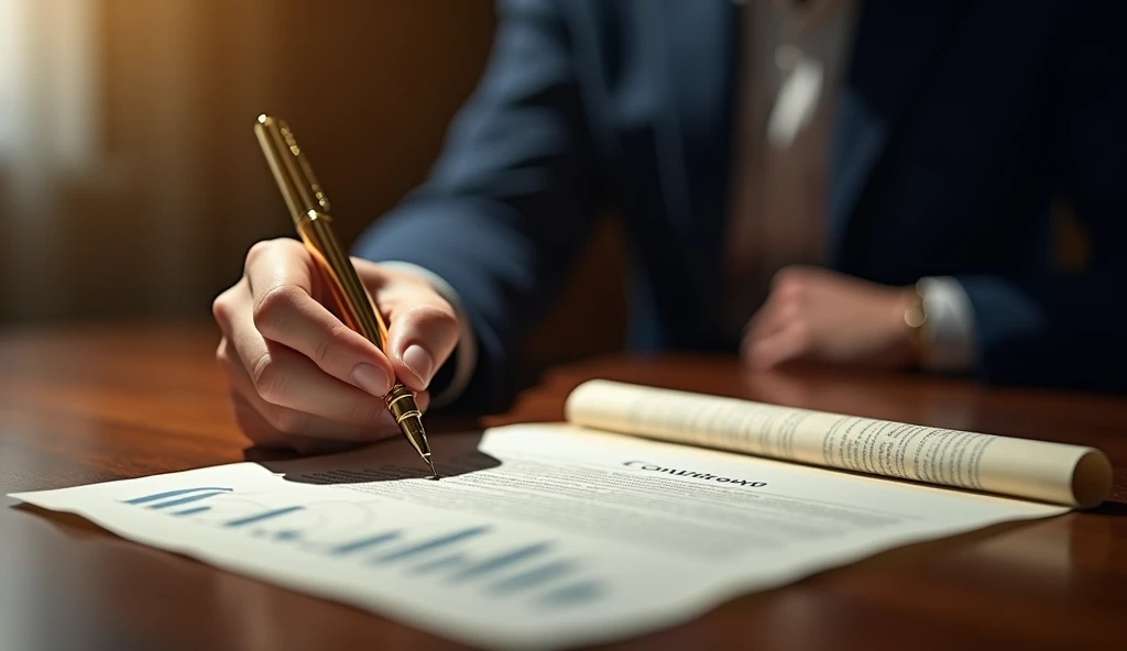Create a hyper-realistic and mysterious image of a hand holding a golden pen, about to sign an investment contract on a fine wood table. from beside, a growth chart is visible on an open parchment, symbolizing the potential for success that comes with careful planning. The background should be softly blurred, with a golden light focusing on the pen and the contract, creating a sense of decisive moment and commitment to the financial future. The scene should evoke the importance of making informed and structured decisions to achieve financial goals..