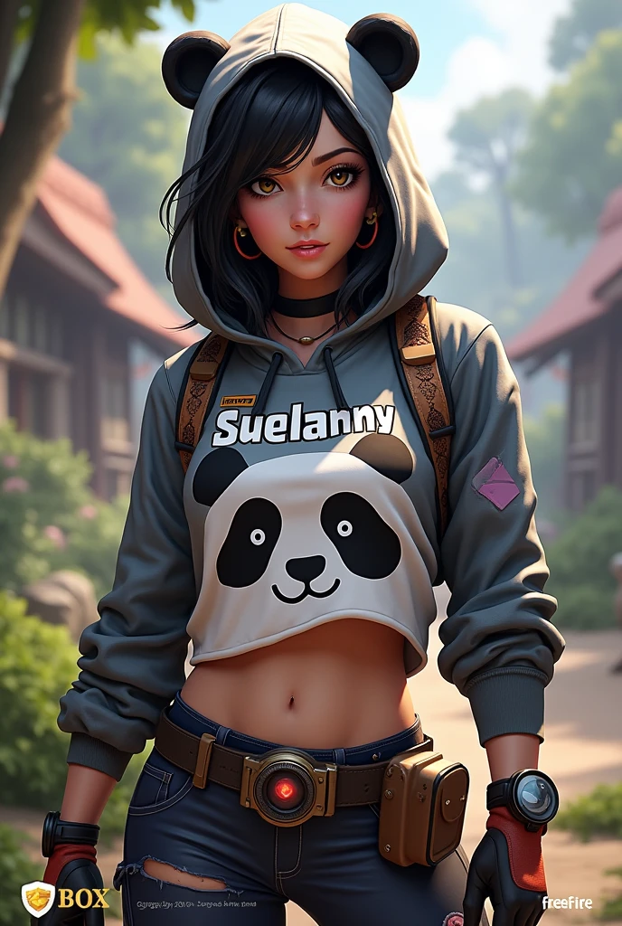 Female character based on the free fire game with panda skin written suelanny on the panda hooded shirt