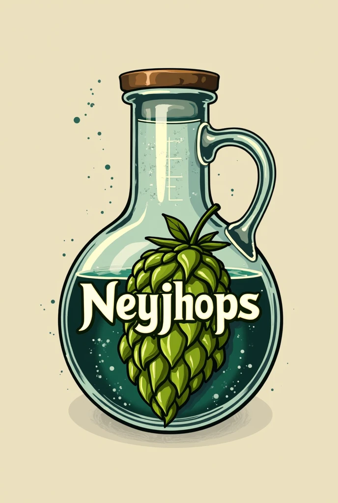 Logo for a beer bottle that says neyjhops, The logo must be inspired by chemistry flasks, The name must contain an image of a hop