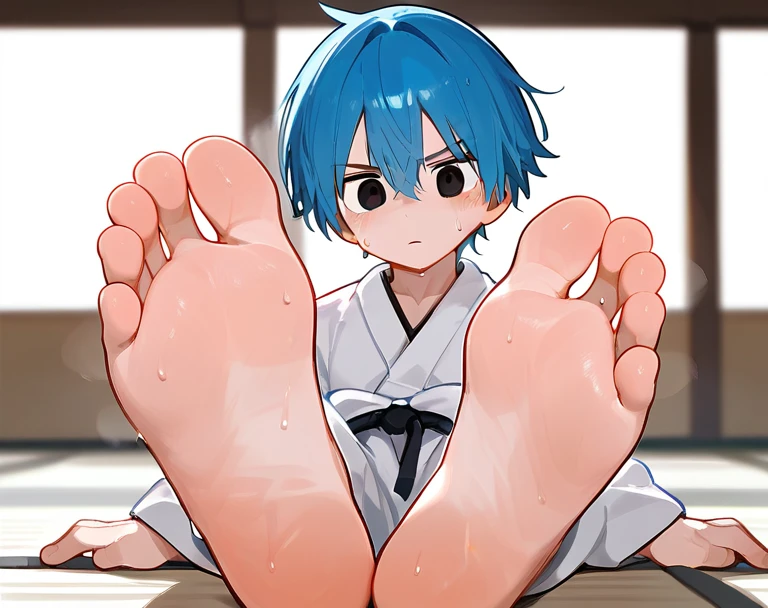 In the dojo,A cute boy sitting on the mat,Alone,black eyes,boy,Sweating,Blue Hair,short hair,There are bangs between the eyes, Blue Unicorn,black eyes,karate服,karate,Foot 8,Sweating feet,Clear facial features,barefoot, Sweating on the soles of the feet, Perfect feet,Two big feet,Symmetrical feet,Anatomically accurate feet, (Each foot has five toes),Solitary,front,Center view of the sole,