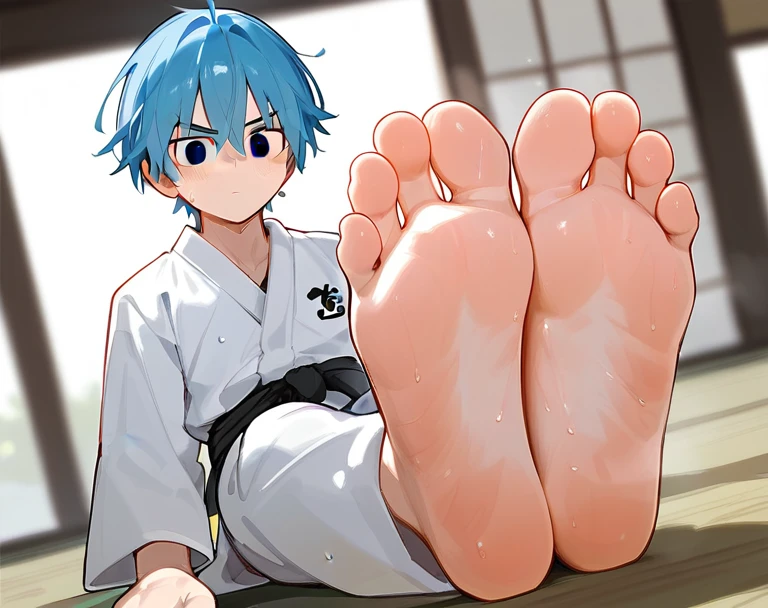 In the dojo,A cute boy sitting on the mat,Alone,black eyes,boy,Sweating,Blue Hair,short hair,There are bangs between the eyes, Blue Unicorn,black eyes,karate服,karate,Foot 8,Sweating feet,Clear facial features,barefoot, Sweating on the soles of the feet, Perfect feet,Two big feet,Symmetrical feet,Anatomically accurate feet, (Each foot has five toes),Solitary,front,Center view of the sole,