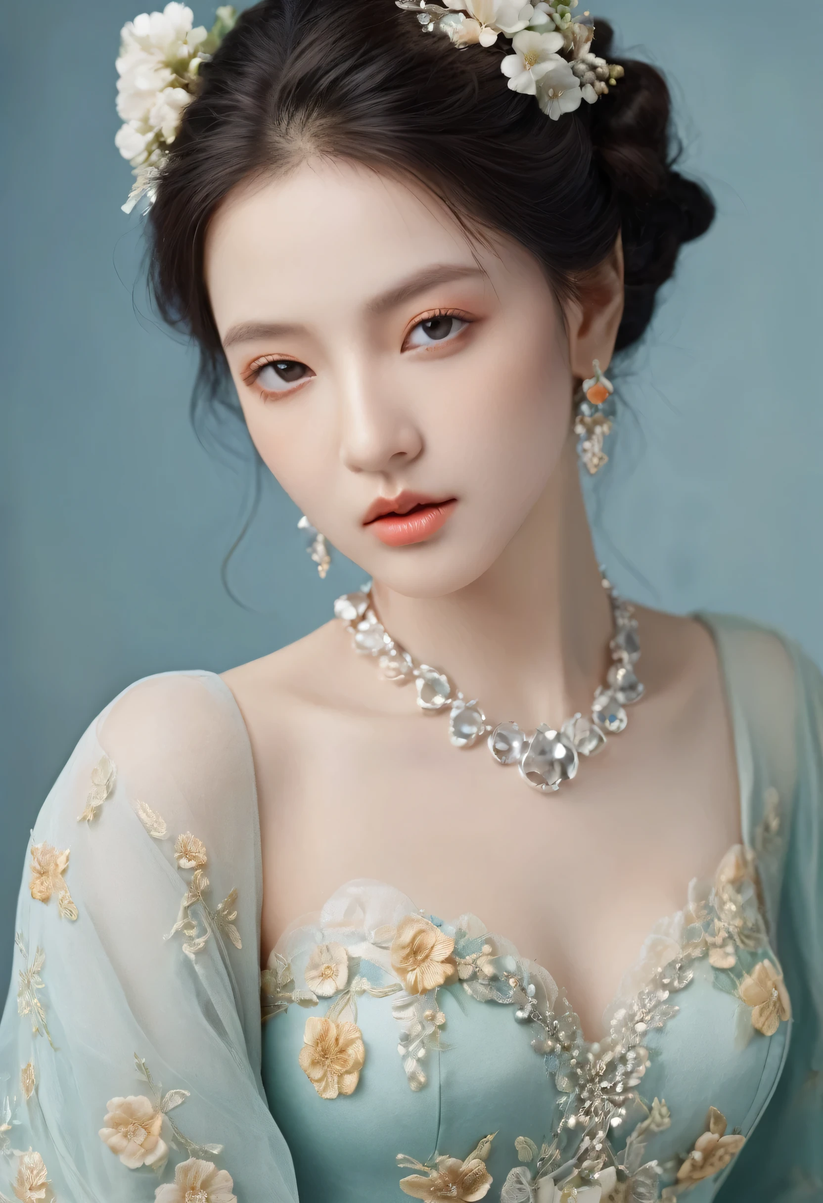 (best quality,8K,high resolution,masterpiece:1.2),Extremely detailed,(Practical,Reality,Photo-real:1.37),portrait,Creative style artwork,,classical,complicated,multiple colour,Very detailed,Soft lighting,Luxurious environment,detailed gown,Bright flowers,detailed jewellery,Ethereal atmosphere,Elegant Posture,Beautiful curves,Golden body proportions,Flowing long hair,Stunning textile patterns,blue,green,Delicate floral decoration,A wide range of crystal accessories,Mysterious and dreamy atmosphere,Impeccable attention to detail.