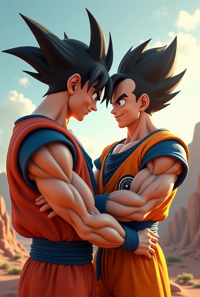 Goku from behind with his hand on Vegeta's shoulder