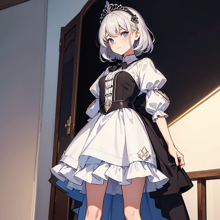 ((masterpiece)), (best quality))), (character design sheet, national costume, the same character, front, side, in the back), illustration, 1 girl, whole body, silver hair, Eye hairs, beautiful eyes, princess cut, Scenes of environmental changes, short skirt, pudency, female, girl, standing, Goth Lori, V-tuber, Chatan Betarola, (simple in the background, white in the background: 1.3) ( masterpiece:1.2), (best quality:1.3)