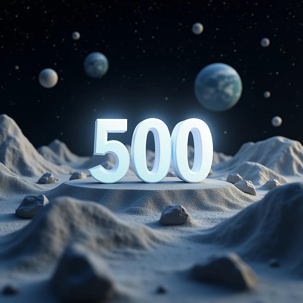 A shot of an otherworldly landscape filled with geometrical hills and rocks scattered around. The ground is filled with rocks and weird low flora. Floating geometrical 3D shapes levitating above ground ground all over. The word "500" made of white blurry crystal and is on the center of the scene emerging from the ground. It's night time and the sky is pitch black full of stars and planets very visible. Realistic, hyperrealism, high resolution, extreme details, extreme quality, volumetric lighting, sharp details, 4k hdr