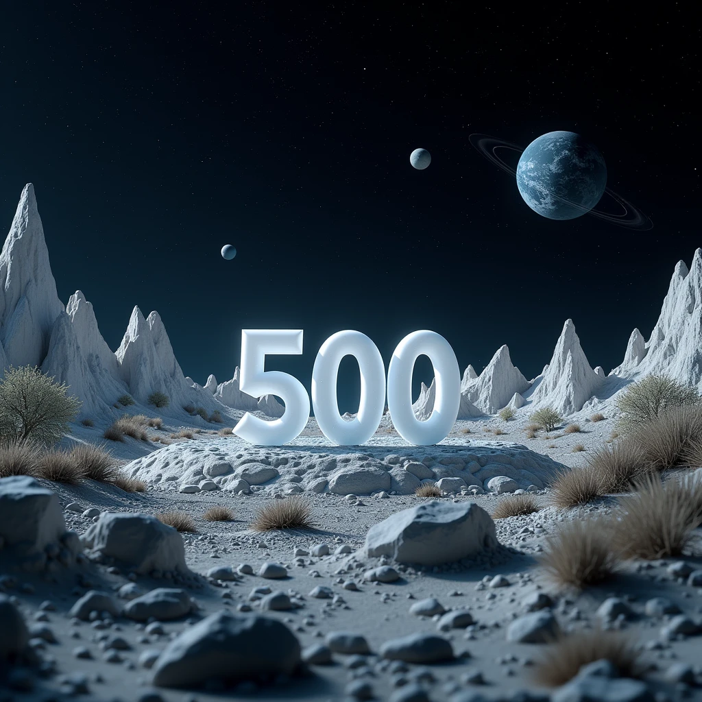 A shot of an otherworldly landscape filled with geometrical hills and rocks scattered around. The ground is filled with rocks and weird low flora. Floating geometrical 3D shapes levitating above ground ground all over. The word "500" made of white blurry crystal and is on the center of the scene emerging from the ground. It's night time and the sky is pitch black full of stars and planets very visible. Realistic, hyperrealism, high resolution, extreme details, extreme quality, volumetric lighting, sharp details, 4k hdr