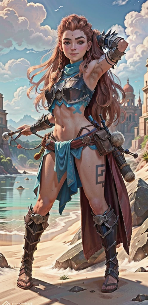 AloyHorizon, solo, 1girl, long hair, smile, brown hair, hair ornament, navel, brown eyes, weapon, braid, outdoors, parted lips, sky, day, midriff, red hair, armor, blue sky, lips, looking to the side, tattoo, thick eyebrows, shoulder armor, freckles, showing armpits and pussy half naked. Big breast. (((showing armpits and pussy half naked))) clean armpits. (((full body))) 