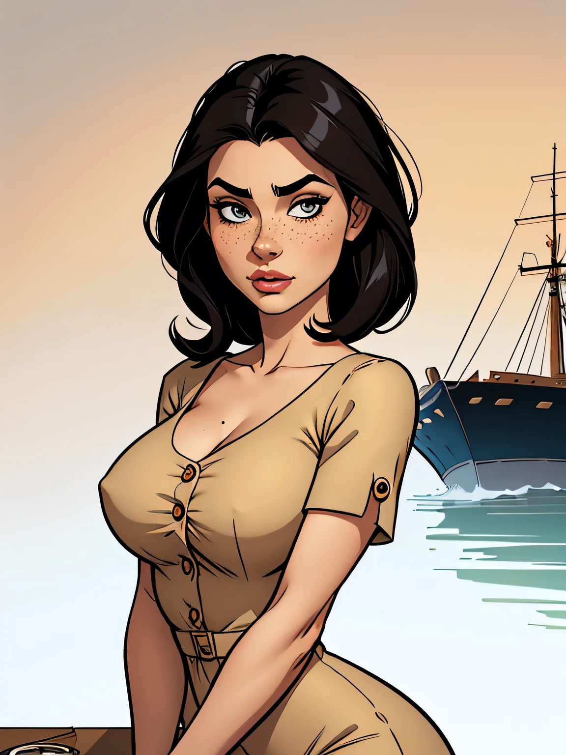 Thin woman, age 25, 4K (High definition), thoughtful, seducing gaze, eyes browns, wearing a beige dress with a boat neckline (with buttons) and short sleeves, arms positioned at the side of the body, Caucasian skin, straight black hair down to shoulder length, upper body (facing a table), full of curves with freckles across her chest and neck, round breasts. Marvel style high quality, white background.