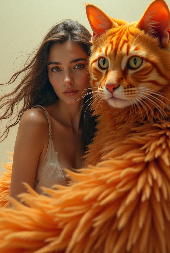 I&#39;m doing a photo shoot for a new concept album. Create a girl concept photo，Among them is a huge orange cat，Eyes are two-toned，3D realistic style