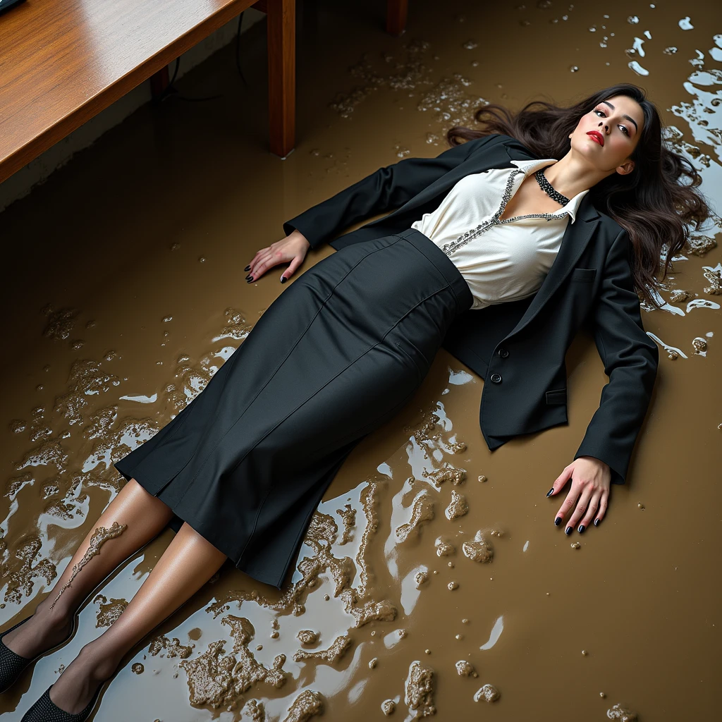 A realistic photo of one slender business goth lady, model-like appearance with long hair. She is dressed in long black business pencil skirt(very torn and very tired and very ripped) made from cotton fabric, black business jacket made from cotton and wool fabric. black business vest, white muddy shirt, stockings, black choker on the neck. She located in very muddy and very flooded office. She lie on backs leaning on her elbows deep in dirty water and liquid mud, she smears a lot of liquid mud on her black business pencil skirt, jacket, vest, shirt, stockings, face, hair from head to toe. Her skirt and jacket extremely stained and covered with liquid mud, dirt and streaks from it, which has flows down from her jacket, shirt to her skirt, creating a messy and sloppy appearance. The light brilliantly illuminates all her clothes in details, casting small shadows and emphasizing the texture of the liquid mud on her clothes. View angle of the camera from top and rotated in different angle from the business lady.