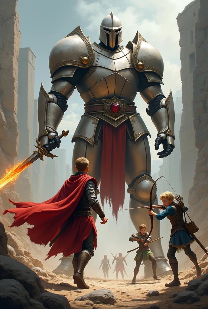 (in a medieval world.
an 18 year old young man ,standing 6 feet tall, weighing 80 ,with very short hair(almost bald).
Wearing a red outfit and a flaming sword.
A 12 year old male elf boy,Blonde hair and green eyes ,wearing a bow and arrow and a white and green outfit .
An elf girl of female gender, brown hair and green eyes, wearing a battle sword and a blue and gold outfit .
The 3 characters above , are fighting a 10 meter tall giant ,wearing white and red armor with a helmet and a war hammer