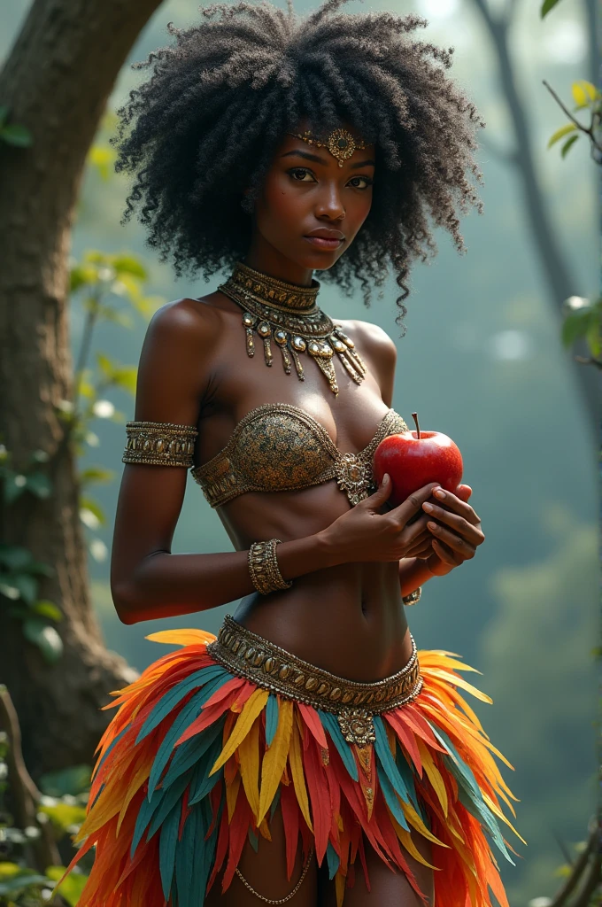 efro hair,wearing a crop top made from shells seeds and jewels,hour glass bodyshape,siren brown eyes v jawline brownskin wearing a short skirt made from colourful bird feathers,holding an apple with both hands,make it majestic and realistic and a big tuffi name tattoo beside the bellybutton