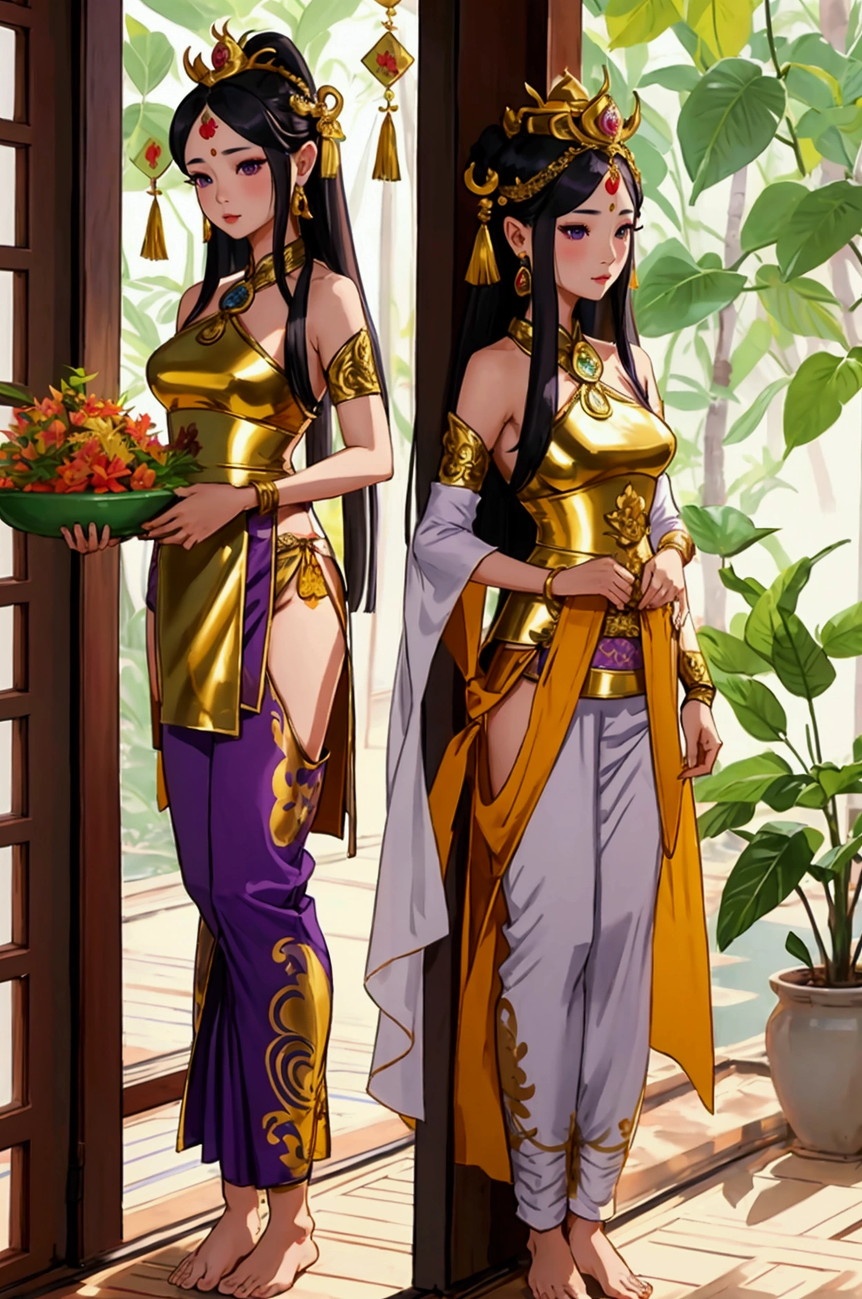 (((3 young adult women ,beautiful woman))),folk girl，long, blonde hair , blue eyes , braid ,Purple Thai dress,กระโปรงไทยโบราณlong，holding a jasmine garland,countryside，countryside，beautiful scenery，Ancient ruins of Ayutthaya，smile with teeth，forehead，forehead exposed，big ，rift, ,(3 young adult women ,beautiful woman),หน้าอกbig,Show your breasts,The cracks are clear.....,((หัวนมbig))，(pubic bone), rift, visible chest,seductive pose,I see bulging nipples.,(((areolae ขนาดbig:1.4,pink,The nipples are clearly visible........))),(Separate outfit showing nipples:1.4), (semi-naked:1.8)