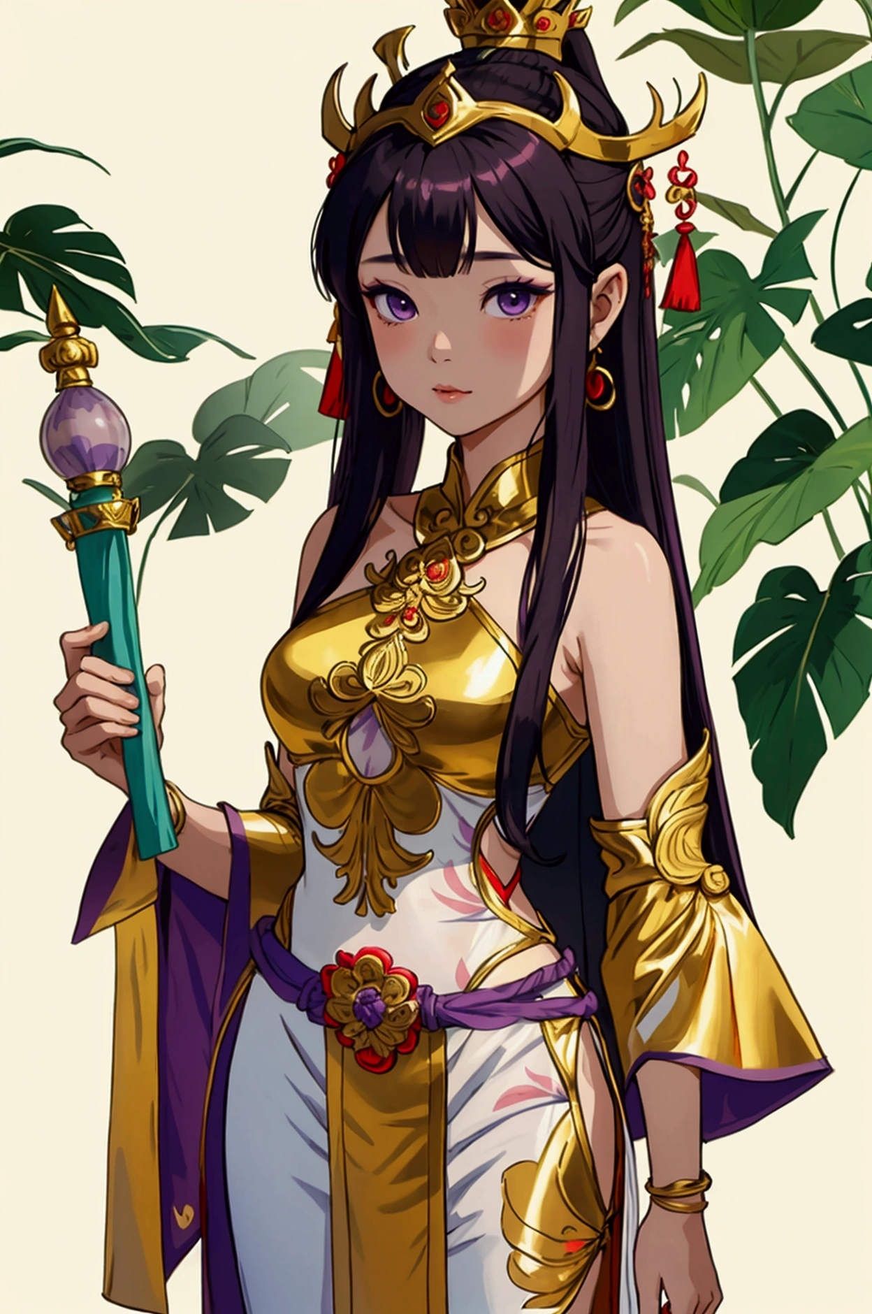 Thai female characters,long hair,Wear Thai clothes,Wear a Thai tube top,,Thai person,Barefoot standing neatly,Thai Shivalai costume with purple chest shield,Put on the leaves,Wearing a golden crown,Thai pants with a polite Thai pattern,Dress politely