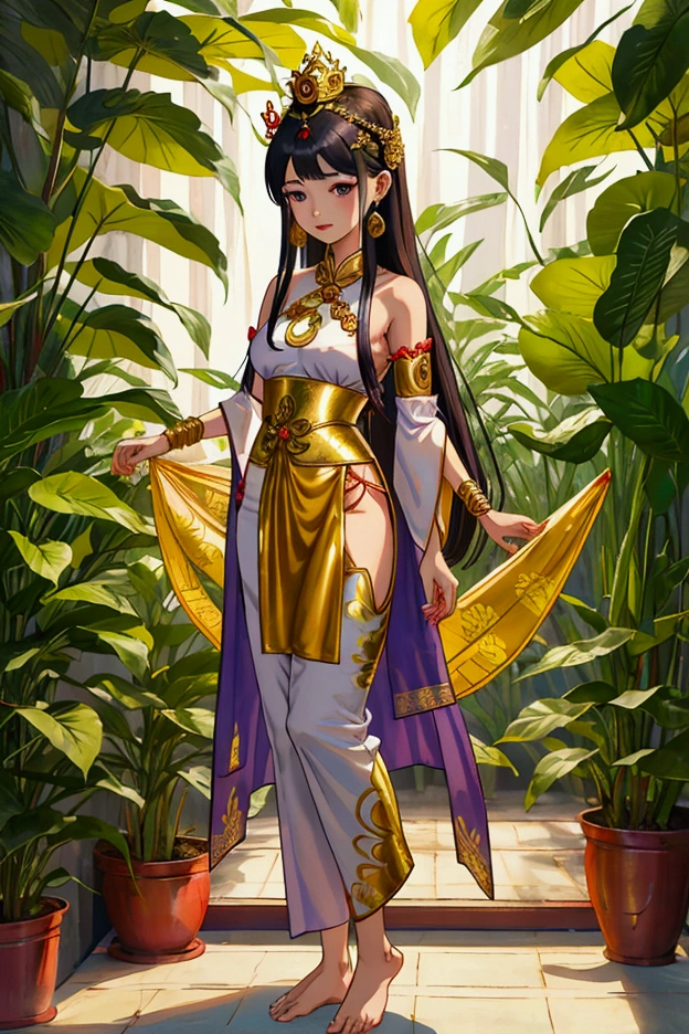 Thai female characters,long hair,Wear Thai clothes,Wear a Thai tube top,,Thai person,Barefoot standing neatly,Thai Shivalai costume with purple chest shield,Put on the leaves,Wearing a golden crown,Thai pants with a polite Thai pattern,Dress politely