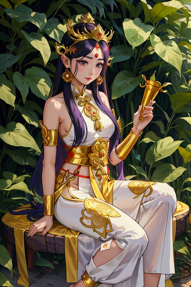 Thai female characters,long hair,Wear Thai clothes,Wear a Thai tube top,,Thai person,Barefoot standing neatly,Thai Shivalai costume with purple chest shield,Put on the leaves,Wearing a golden crown,Thai pants with a polite Thai pattern,Dress politely