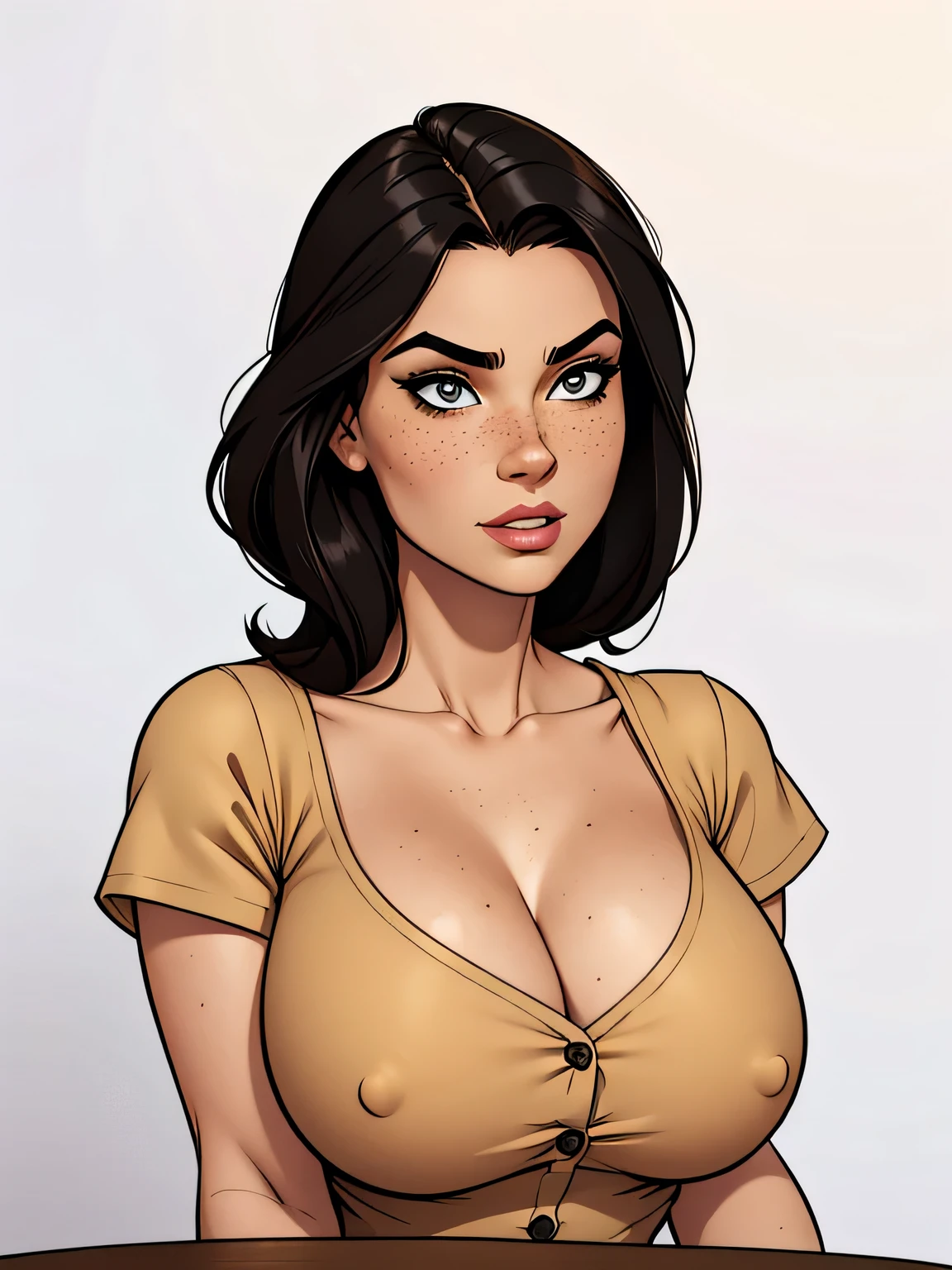 Thin woman, age 25, 4K (High definition), thoughtful, seducing gaze, eyes browns, wearing a beige dress with a boat neckline (with buttons) and short sleeves, arms positioned at the side of the body, Caucasian skin, straight black hair down to shoulder length, upper body (facing a table), full of curves with freckles across her chest and neck, round breasts. Marvel style high quality, white background.