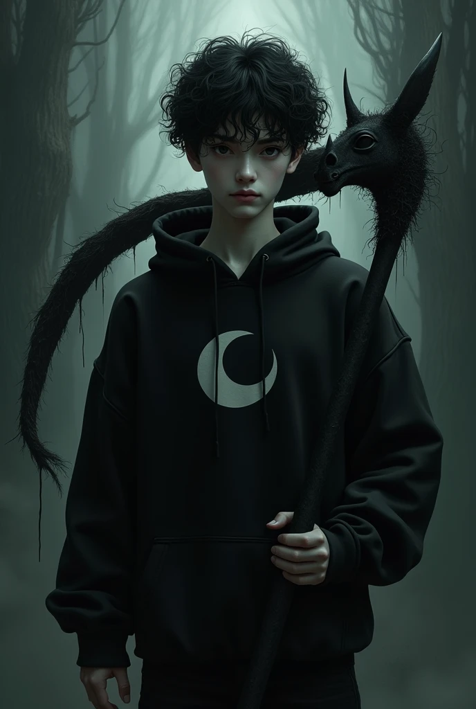 An 18 year old Brazilian man with short curly black hair, with very black eyes and his skin is white, wearing a black sweatshirt with a cap and a waning moon symbol on his right chest, with a large scythe where the blade part is the head of a rhinoceros and a black spectrum at its side 