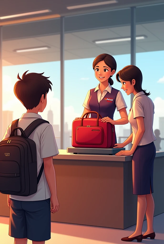 Inside airport 1 lady is loʻading luggage bag and doing weight . Boy is heading towards buggage weìght and lady in airline outfit of thai airways smiling and welcoming boy. Lasy is front of boy. Pov behind the ɓoy. Luggage bag colour red