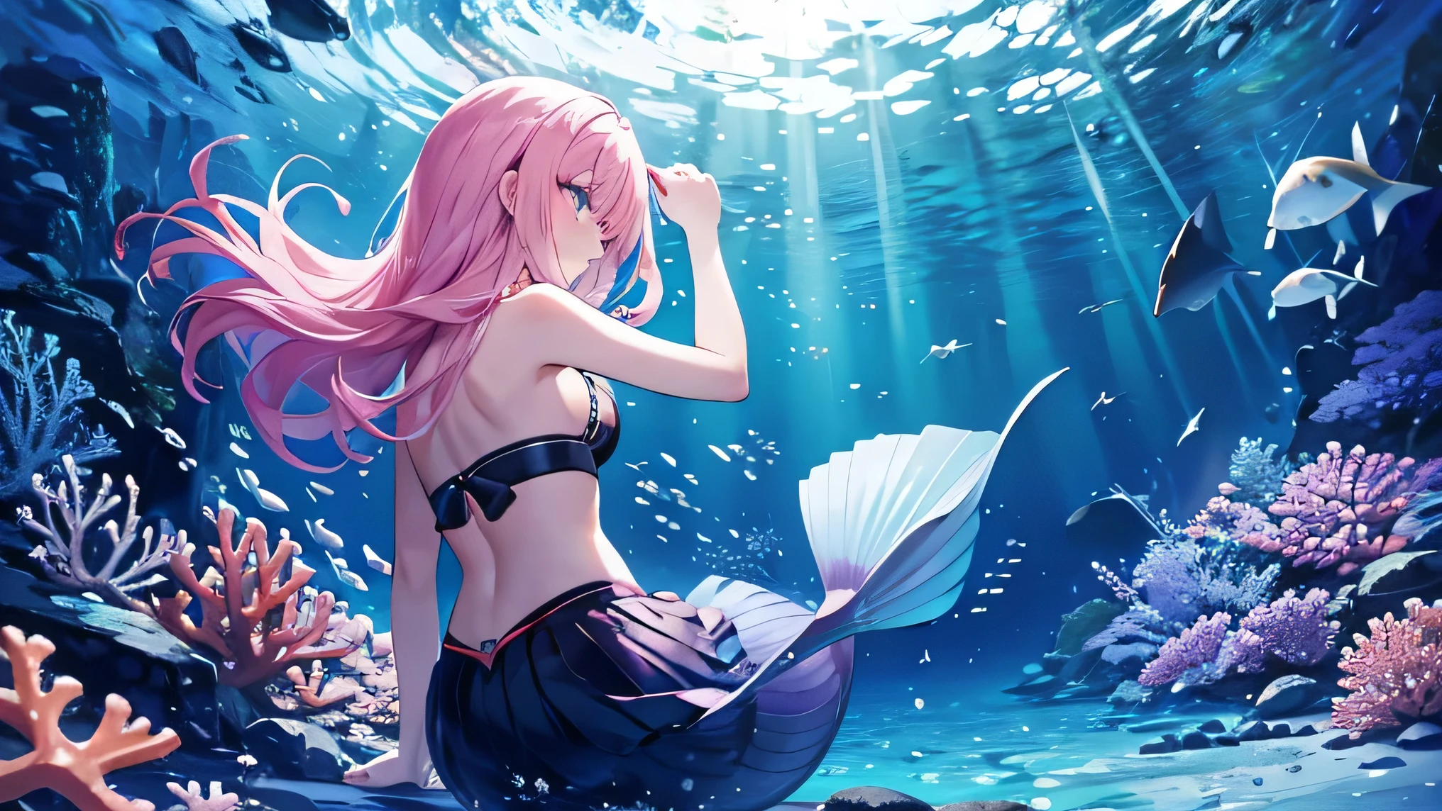 seabed、School of fish、coral、mermaid、Fisheye Lens、beautiful girl、prism、profile