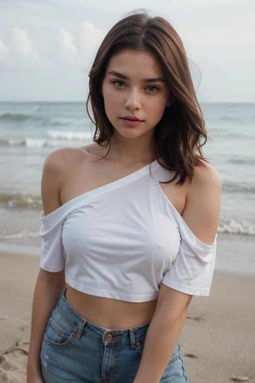 Brown haired girl with brown eyes bare shoulder white t-shirt beach background 