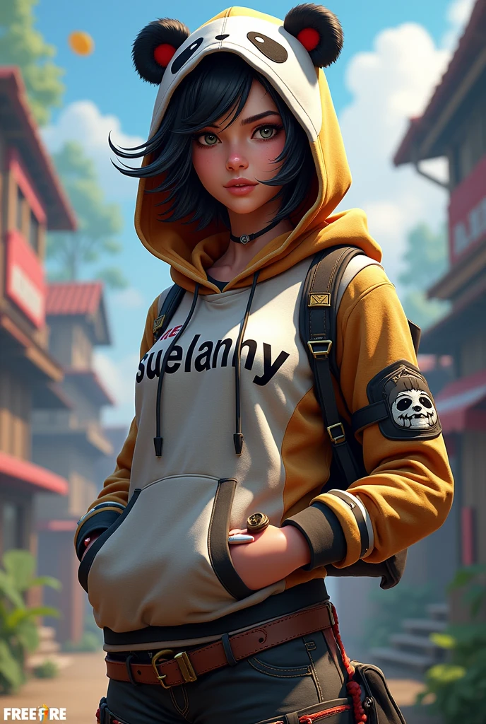 Female character based on the free fire game with panda skin written suelanny on the panda hooded shirt