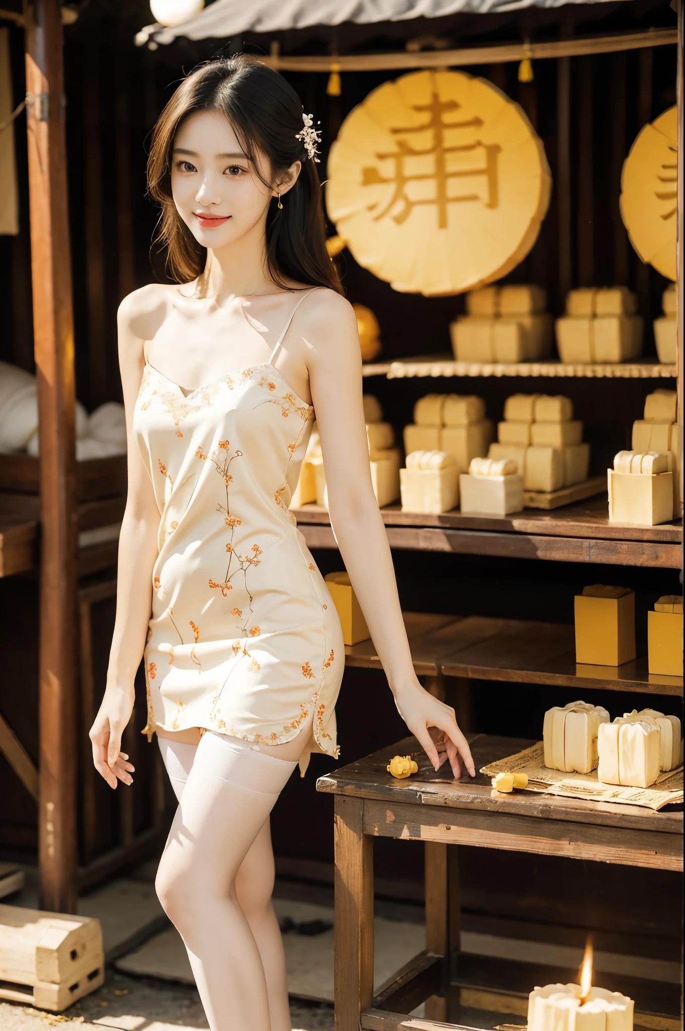 (((best quality))),(((ultra detailed))),(((masterpiece))),illustration,((1 beautiful girl,solo)),(shoulder-length straight bob:0.8),((slim,thin)),((small breasts,flat chest)),delicate face, twinkling eyes,(osmanthus flower dress:1.3),(slender legs:1.2),(stockings:1.3),(standing:1.3),(arms behind back:1.2),fair complexion,(bustling market:1.3),(stall full of mooncakes:1.3),curiosity,delight,promotional,haggling,intricate patterns,Mid-Autumn Festival atmosphere, flaky, smile, sweet, fragrant filling, delightful contrast, salty exterior, eyes widen, pleasure, exploring,excitement, box, joyful anticipation, festive spirit, vibrant atmosphere, enchanting appearance, lively scene, captivating, timeless image,(outdoor:1.2),(bright sunshine:1.3),(day scene:1.3),((from front,upper body)),(surrounded by crowded crowds:1.3)