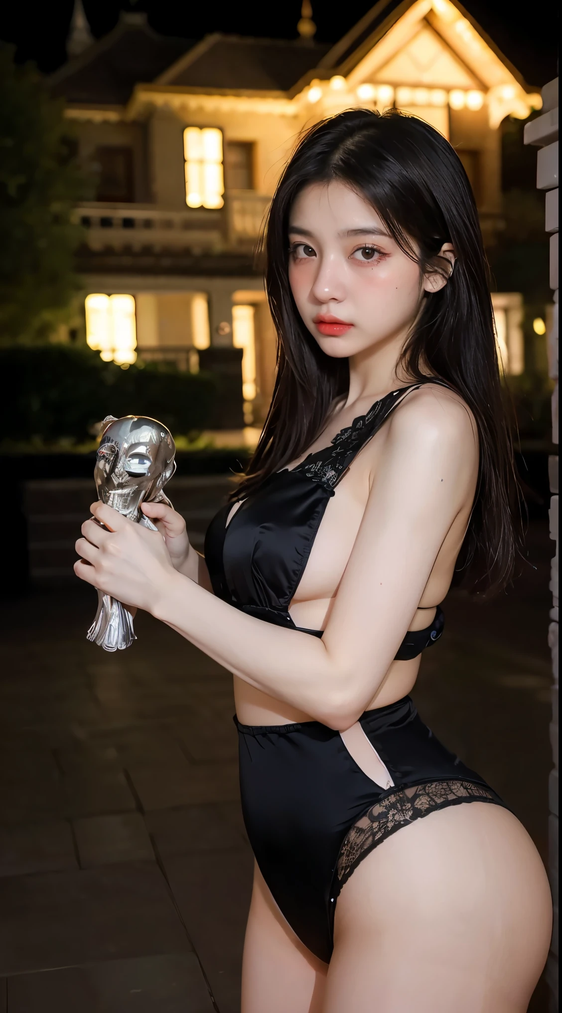 Create the image of a young girl of 20 years, Thai, cute, who has silver and bright eyes, he is a sorcerer, from the narix up he wears a black mask and wears black gala clothes, behind him, rising in the night, has a Victorian mansion of stone. NIGHT SCENE